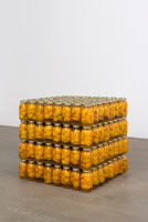 Rebecca Campbell / 
Two Year Supply, 2014 / 
peaches, sugar, water, glass, tinplate steel / 
28 x 30 x 30 in. (71.1 x 76.2 x 76.2 cm) / 
'The Potato Eaters' series is inspired by Vincent van Gogh's work of the same name as well as Campbell's familial agrarian roots. The artist's mother and father were both raised on potato farms; black and white photographs of that time and place serve as inspiration for many of the paintings in this series.