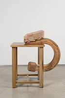 Richard Deacon / 
Size is Everything #3, 2018 / 
Sculpture: wood (Beech and Elm), epoxy / 
Table: tulip wood and MDF board / 
Sculpture: 29 1/4 x 23 5/8 x 6 3/8 in. (74 x 60 x 16 cm) / 
Table: 27 3/4 x 23 5/8 x 23 5/8 in. (70.5 x 55 x 55 cm)