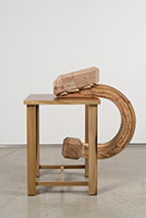 Richard Deacon / 
Size is Everything #3, 2018 / 
Sculpture: wood (Beech and Elm), epoxy / 
Table: tulip wood and MDF board / 
Sculpture: 29 1/4 x 23 5/8 x 6 3/8 in. (74 x 60 x 16 cm) / 
Table: 27 3/4 x 23 5/8 x 23 5/8 in. (70.5 x 55 x 55 cm)