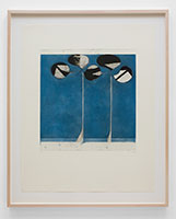 Richard Diebenkorn / 
Clubs-Blue Ground, 1982 / 
spit bite aquatint, color hard ground etching, and drypoint / 
Plate: 19 7/8 x 18 13/16 in. (50.5 x 47.8 cm) / 
Sheet: 32 15/16 x 26 3/8 in. (83.7 x 67 cm) / 
Framed: 38 3/4 x 31 5/8 in. (98.4 x 80.3 cm) / 
© Richard Diebenkorn Foundation