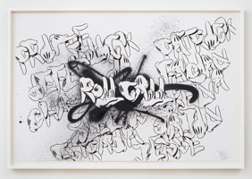 Slick / 
Roll Call, 2016 / 
ink and aerosol spray paint on 250gsm stonehedge fine art paper / 
Unframed: 26 x 40 in. (66 x 101.6 cm) / 
Framed: 28 3/4 x 42 1/2 in. (73 x 108 cm) / 
Private collection