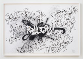 Slick / 
Roll Call, 2016 / 
ink and aerosol spray paint on 250gsm stonehedge fine art paper / 
Unframed: 26 x 40 in. (66 x 101.6 cm) / 
Framed: 28 3/4 x 42 1/2 in. (73 x 108 cm) / 
Private collection