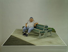 Sandra Mendelsohn Rubin / 
Seated Man, Venice, 1978 - 91 / 
painted bronze, wood, concrete, asphalt / 
14 x 36 9/16 x 48 9/16 in (35.56 x 91.44 x 121.92 cm) 