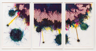 Sherin Guirguis / 
Untitled (maad wu gazr), 2012 / 
triptych, ink and watercolor on hand-cut paper / 
Three panels, each: 78 x 48 in. (198.1 x 121.9 cm) / 
Framed, each panel: 82 1/2 x 53 x 2 1/2 in. (209.6 x 134.6 x 6.4 cm) 