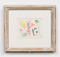 Frederick Hammersley / 
Sticks and stones, 1950 / 
colored pencil on paper in artist-made frame / 
Image: 4 3/4 x 4 3/4 in. (12.1 x 12.1 cm) / 
Framed: 11 x 12 in. (27.9 x 30.5 cm)