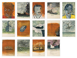 Terry Allen / 
The Sonny Boy Chronicles - Mean Sequence (1 - 14), 1998 / 
mixed media on paper / 
Paper: 14 x 10 5/8 in (35.6 x 27 cm) each / 
Framed: 16 5/8 x 13 1/4 in (42.2 x 33.6 cm) each / 
Overall: 50 x 66 3/8 in (127 x 168.6 cm)