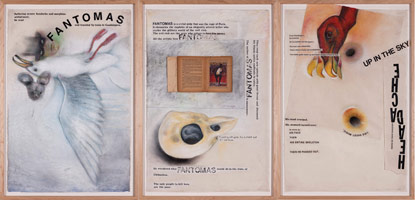 Terry Allen / 
Momo Chronicle II: Angels; Pelican/Fantomas/Buzzard set, 2009 / 
      gouache, pastel, color pencil, graphite, press type, collage elements  / 
      3 panels at 31 x 21 1/2 in. (78.7 x 54.6 cm) 