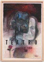 Terry Allen / 
Momo Chronicle III: Teatro of the 4-eyed Man; Teatro, 2009 / 
      gouache, pastel, color pencil, graphite, press type, collage elements / 
      41 x 21 1/2 in. (104.1 x 54.6 cm) 