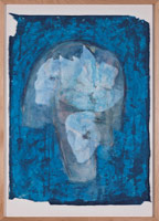 Terry Allen / 
Momo Chronicle IV: Rodez, Volver; Faces in his head blue, 2009 / 
      gouache, pastel, color pencil, graphite,  / 
      press type, spackle, collage elements  / 
      39 1/4 x 28 1/4 in. (99.7 x 71.8 cm)