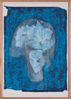 Terry Allen / 
Momo Chronicle IV: Rodez, Volver; Faces in his head blue, 2009 / 
      gouache, pastel, color pencil, graphite,  / 
      press type, spackle, collage elements  / 
      39 1/4 x 28 1/4 in. (99.7 x 71.8 cm)