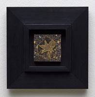 Tom Wudl / 
Total Universal Illumination, 2020 / 
black gesso, pencil, 22K gold, iridescent water color, on paper on board / 
image: 3 3/4 x 3 7/8 in. (9.5 x 9.8 cm) / 
framed: 12 x 12 in. (30.5 x 30.5 cm)