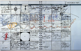 Calendar (#124-1992), 1992 / 
found metal collage on plywood / 
144 x 104 in (365.8 x 264.2 cm) overall (5 panels) / 
Private collection