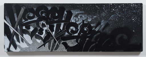 Chaz Bojorquez / 
We come spinning...scattering stars, 2016  / 
acrylic paint, Zolatone paint and silver marker on canvas / 
57 x 120 x 4 1/4 in. (137.2 x 304.8 x 12.7 cm)