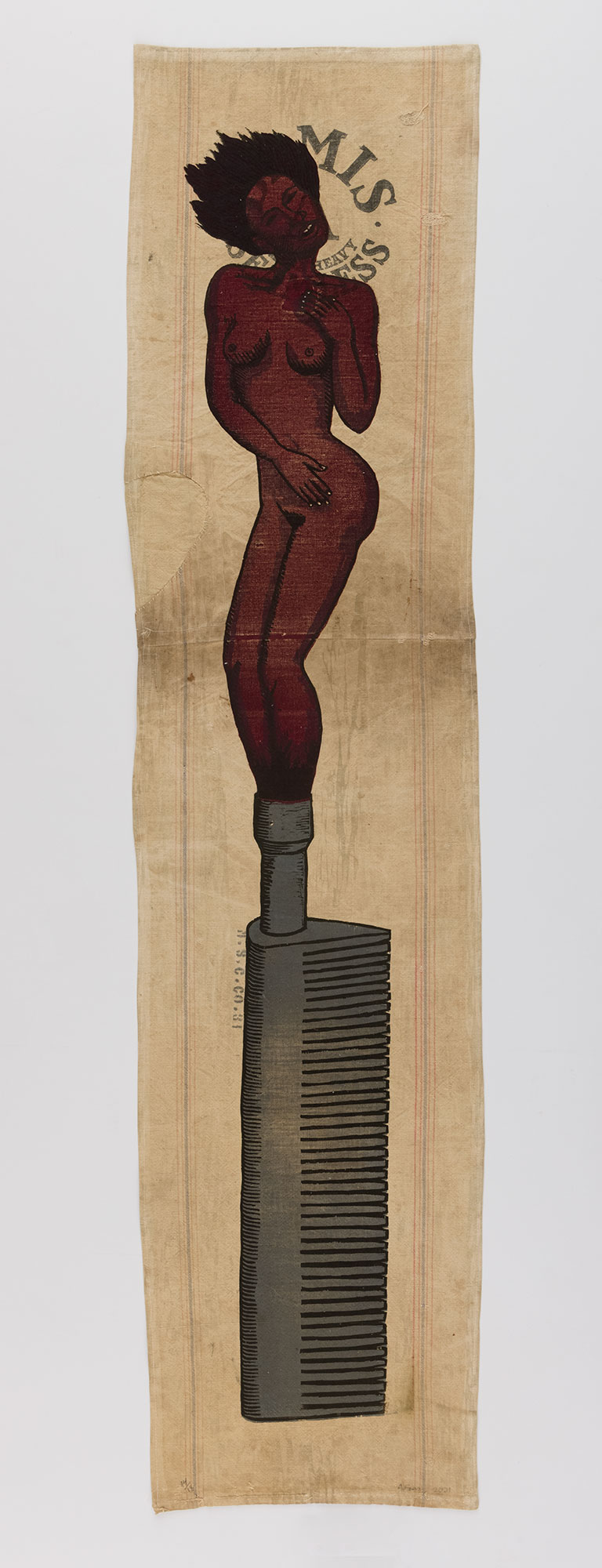 Alison Saar / 
Big Singe, 2021 / 
woodcut on found cotton seed sacks / 
72 x 17 1/4 in. (182.9 x 43.8 cm) / 
Edition 14 of 18