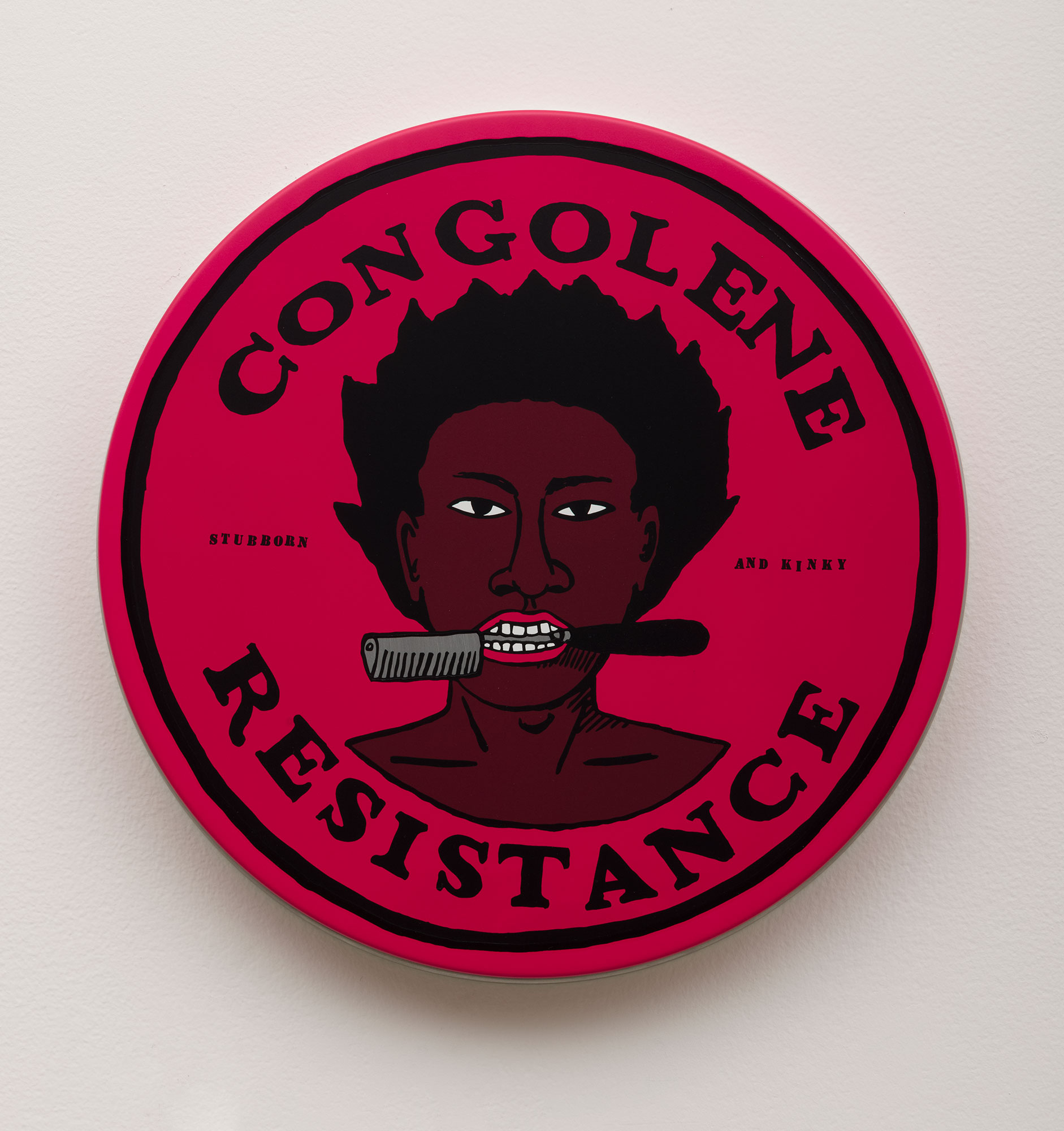 Alison Saar / 
Congolene Resistance, 2021 / 
screen print and acrylic spray paint on an aluminum pan / 
18 1/2 x 18 1/2 x 2 in. (47 x 47 x 5.1 cm) / 
Edition 7 of 30