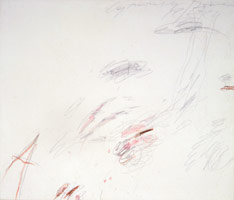Cy Twombly / 
Untitled, 1982 / 
pencil, pastel and oil on canvas / 
25 x 29 in. (63.5 x 73.66 cm) / 
Private collection