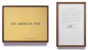 Ed Kienholz / 
The American Trip, 1966 / 
concept tableau / 
plaque: 9 1/4 x 11 3/4 in (23.5 x 29.8 cm) / 
framed concept: 13 3/8 x 9 1/4 in (33.7 x 23.5 cm) 
