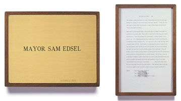 Ed Kienholz / 
Mayor Sam Edsel, 1965 / 
concept tableau / 
plaque: 9 1/4 x 11 3/4 in (23.5 x 29.8 cm) / 
framed concept: 13 3/8 x 9 1/4 in (33.7 x 23.5 cm) 