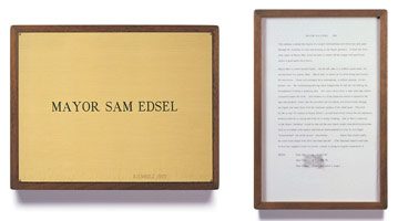 Ed Kienholz / 
Mayor Sam Edsel, 1965 / 
concept tableau / 
plaque: 9 1/4 x 11 3/4 in (23.5 x 29.8 cm) / 
framed concept: 13 3/8 x 9 1/4 in (33.7 x 23.5 cm) 