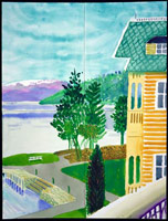 David Hockney / 
Kviknes Hotel, Balestrand, 2002 / 
      watercolor on paper (4 sheets) / 
      Paper Overall: 48 x 36 in. (121.9 x 91.4 cm) / 
      Framed: 54 1/2 x 42 1/2 in. (138.4 x 108 cm) / 
      Private collection