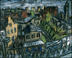 Leon Kossoff / 
View of Hackney, Dalston Lane, Evening, 1975 / 
oil on board / 
48 x 60 in (121.9 x 152.4 cm)
49 5/8 x 61 5/8 in (126 x 156.5 cm) (framed)] / 
Private collection
