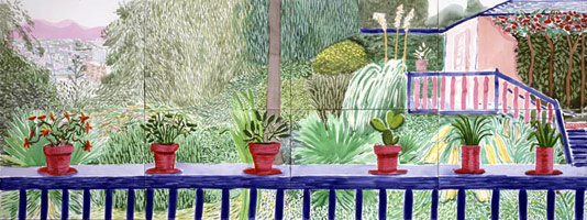 David Hockney / 
View From Terrace II, 2003 / 
watercolor on paper (8 sheets) / 
36 1/4 x 96 in (92.1 x 243.8 cm) (unframed) / 
39 1/2 x 99 1/4 in (100.3 x 252.1 cm) (framed) / 
Private collection
