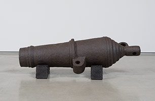 Ben Jackel / 
What Valor: Carronade, 2015 / 
stoneware and douglas fir / 
Sculpture: 10 x 13 3/4 x 38 1/2 in. (25.4 x 96.5 x 33 cm) / 
Installed on stand: 12 x 16 x 38 1/2 in. (30.5 x 40.6 x 97.8 cm)