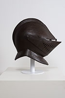 Ben Jackel / 
Armet Helm, 2016 / 
stoneware and beeswax / 
On stand: 28 3/4 x 12 1/2 x 26 3/4 in. (73 x 31.75 x 67.9 cm)  / 
Helmet alone: 24 1/2 x 12 1/2 x 26 3/4 in. (62.2 x 31.75 x 67.9 cm)