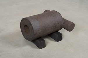 Ben Jackel / 
What Valor: Mortar, 2016 / 
stoneware and douglas fir / 
Sculpture: 11 1/4 x 19 5/8 x 23 in. (28.6 x 49.8 x 58.4 cm) / 
Installed on stand: 13 x 19 5/8 x 23 in. (33 x 49.8 x 58.4 cm)
