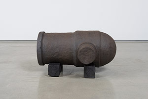 Ben Jackel / 
What Valor: Pack Mortar, 2016 / 
stoneware and douglas fir / 
Sculpture: 11 1/2 x 23 1/2 x 25 in. (29.2 x 59.7 x 63.5 cm) / 
Installed on stand: 13 1/2 in. x 23 1/2 in. x ft25 in. (34.3 x 59.7 x 63.5 cm)