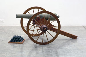 Ben Jackel / 
Cannon, 2002 / 
stoneware, wood / 
54 x 23 x 3 in (137.2 x 58.4 x 7.6 cm)