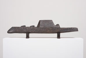 Ben Jackel / 
Zumiwalt (ship), 2014 / 
Douglas fir, mahogany and graphite / 
8 x 45 x 7 in. (20.3 x 114.3 x 17.8 cm)