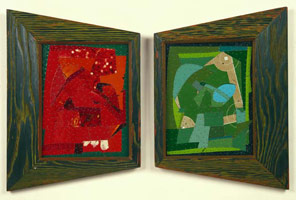 Tony Berlant /  
Motel Kachinas (diptych), 1985 /  
found tin on plywood with steel brads in a 1950’s frame /  
21-3/4 x 16-1/2 in.(55.2 x 41.9 cm)