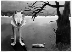 Joan Brown / 
Grey Wolf with Red Clouds and Dark Tree, 1968 / 
oil on canvas / 
60 x 85 in. (152.4 x 215.9 cm) / 
Private collection