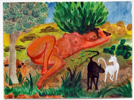 Charles Garabedian / 
Figure and Cats in Landscape, 2006 / 
      watercolor on paper / 
      Paper: 14 7/8 x 19 7/8 in. (37.8 x 50.5 cm)