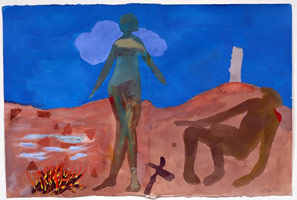 Charles Garabedian / 
Nomad's Camp, 2006 / 
      acrylic on paper / 
      Paper: 22 x 33 1/4 in. (55.9 x 84.5 cm) / 
      Framed: 30 x 41 in. (76.2 x 104.1
      cm) / 
      Private collection 