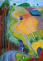 David Hockney  / 
Going up Garrowby Hill, 2000 / 
oil on canvas / 
84 x 60 in. (213.4 x 152.4 cm) / 
framed: 85 1/4 x 61 1/4 in. (216.5 x 155.6 cm) / 
Private collection