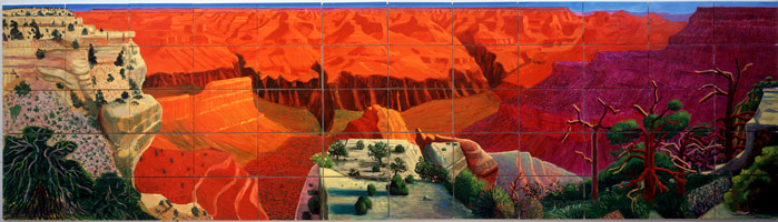 David Hockney  / 
A Bigger Grand Canyon, 1998 / 
oil on 60 canvases / 
81 1/2 x 293 in. overall (four panels) (207 x 744.22 cm) / 
Collection of the National Gallery of Australia, Canberra, Australia