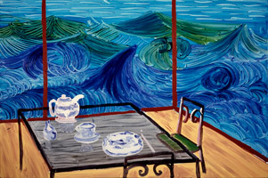 David Hockney / 
Breakfast at Malibu, Wednesday, 1989 / 
oil on canvas / 
24 x 36 in. (60.96 x 91.44 cm)
Private collection