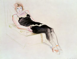 David Hockney / 
Celia in a Black Slip Reclining, Paris Dec, 1973 / 
crayon on paper / 
19 1/2 x 25 1/2 in (49.5 x 64.8 cm)  / 
28 1/2 x 34 1/4 in (72.4 x 87 cm) (fr) / 
Collection of the Museum of Fine Arts, Boston, MA