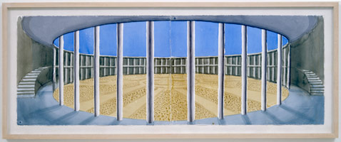 David Hockney  / 
Courtyard, Palace of Carlos V. Alhambra, Granada (Second Version), 2004 / 
watercolor on paper (2 sheets) / 
Paper Overall: 29 1/2 x 83 in. (74.9 x 210.8 cm) Framed: 36 1/2 x 90 in. (92.7 x 228.6 cm) / 
Private collection