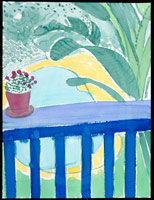 David Hockney  / 
Flower Pot, Rail and Pool, 2003 / 
watercolor on paper / 
Paper: 24 x 18 in. (61 x 45.7 cm) / 
Framed: 26 3/4 x 20 3/4 in. (67.9 x 52.7 cm) / 
Private collection