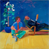 David Hockney / 
Henry & Eugene, 1977 / 
acrylic on canvas  / 
72 x 72 in. (182.9 x 182.9 cm) unframed / 
73 1/4 x 73 1/4 in. (186.1 x 186.1 cm) framed / 
Private collection