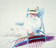 David Hockney / 
Henry in a Wicker Chair, 1976 / 
crayon on paper / 
14 x 17 in. (35.6 x 43.2 cm) / 
20 1/4 x 23 in. (fr) (51.435 x 58.42 cm) / 
Private collection