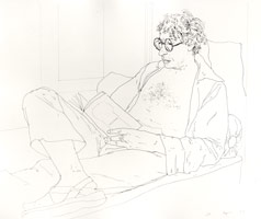 David Hockney / 
Kasmin Reading the Udaipur Guide, 1977 / 
ink on paper / 
19 x 24 in. (48.26 x 60.96 cm) / 
Private collection