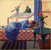 David Hockney / 
Model with Unfinished Self-Portrait, 1977 / 
oil on canvas / 
60 x 60 in. (152.4 x 152.4 cm) / 
Private collection