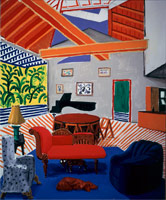 David Hockney / 
Montcalm Interior with 2 Dogs, 1989 / 
oil on canvas / 
72 x 60 in. (182.88 x 152.4 cm) / 
Private collection
