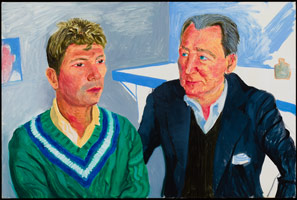 David Hockney / 
Older Gentleman with Young Gentleman, 1989 / 
oil on canvas / 
24 x 36 in. (60.96 x 91.44 cm) / 
Private collection