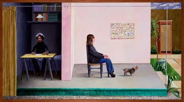 David Hockney / 
Shirley Goldfarb & Gregory Masurovsky, 1974 / 
acrylic on canvas / 
45 x 84 in. (114.3 x 213.36 cm) / 
Private collection