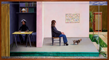 David Hockney / 
Shirley Goldfarb & Gregory Masurovsky, 1974 / 
acrylic on canvas / 
45 x 84 in. (114.3 x 213.36 cm) / 
Private collection